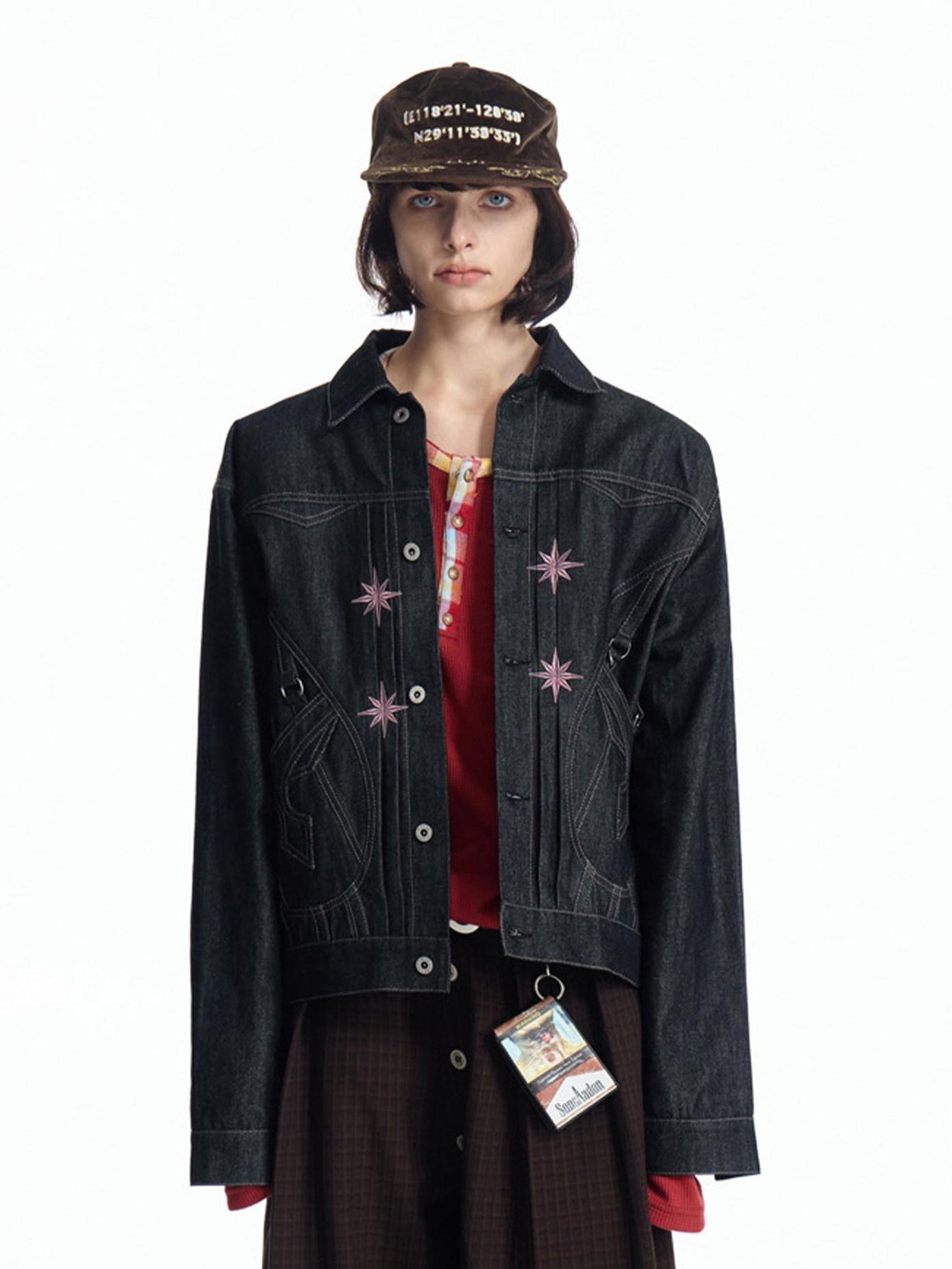 EMOBROTHER Wrinkle Free Embroidered Loose Fit Unisex Casual Cotton Black Denim Jackets