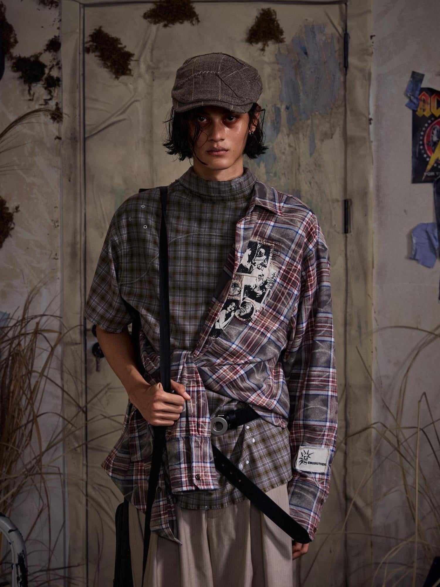 EMOBROTHER Wrinkle Free Oversized Embroidered Patch Plaid Unisex Long Sleeve Shirts