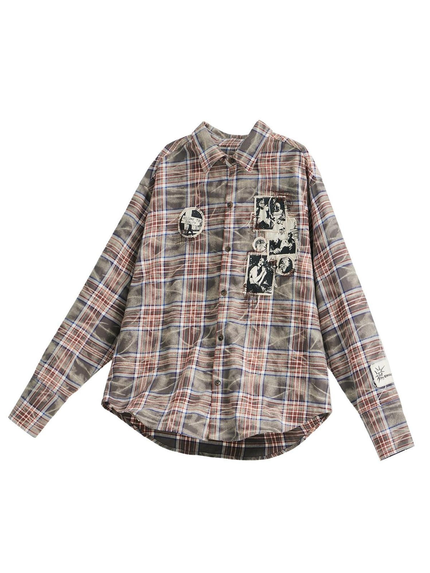 EMOBROTHER Wrinkle Free Oversized Embroidered Patch Plaid Unisex Long Sleeve Shirts