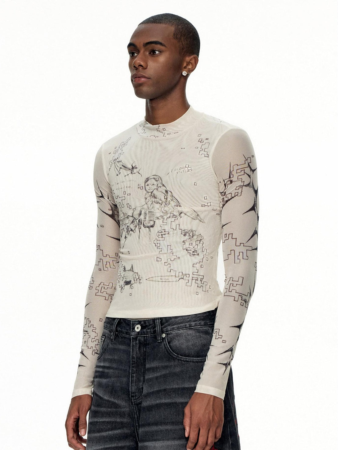 EMOBROTHER Wrinkle Resistant Slim Printed Half Mock Neck Unisex Beige Long Sleeve T-Shirts