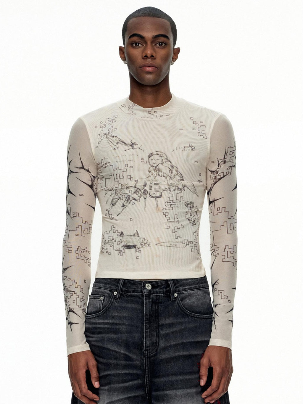 EMOBROTHER Wrinkle Resistant Slim Printed Half Mock Neck Unisex Beige Long Sleeve T-Shirts