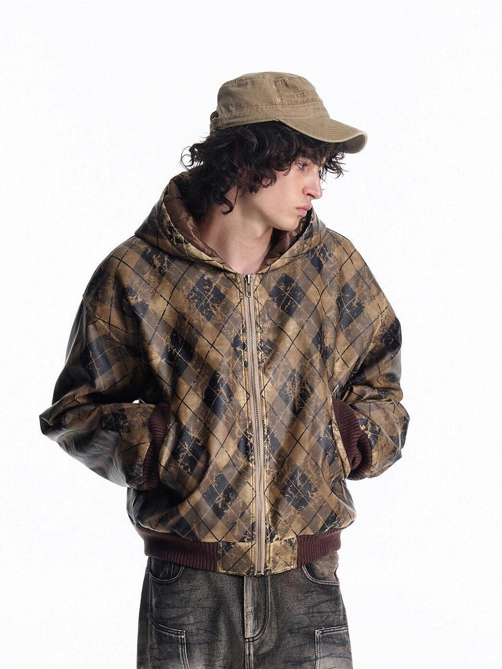 EMOBROTHER Wrinkle Resistant Windproof Hooded Loose Vintage Plaid Unisex Puffer Jackets