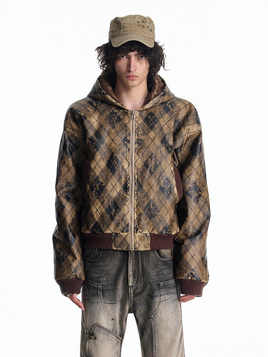 EMOBROTHER Wrinkle Resistant Windproof Hooded Loose Vintage Plaid Unisex Puffer Jackets