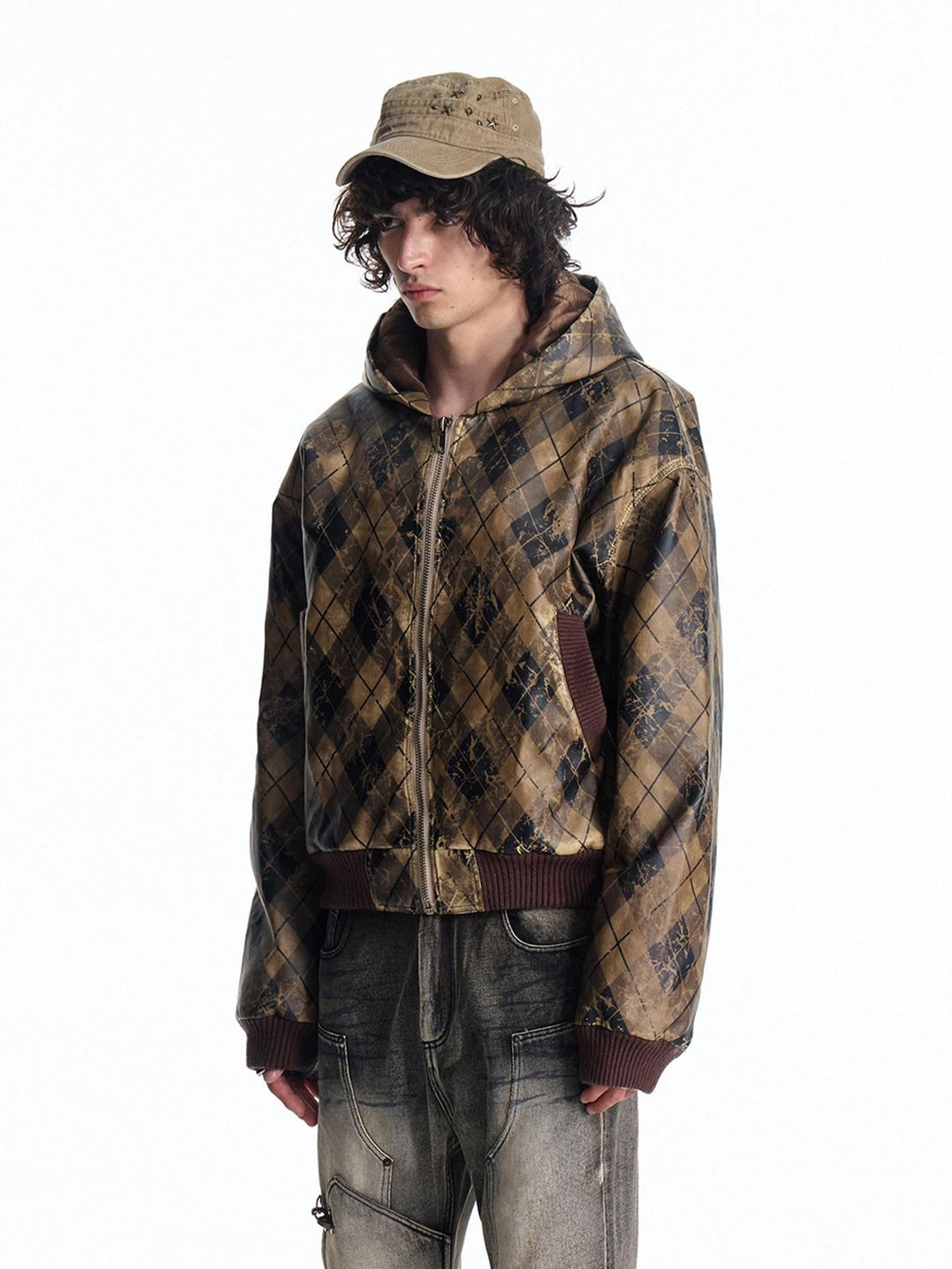 EMOBROTHER Wrinkle Resistant Windproof Hooded Loose Vintage Plaid Unisex Puffer Jackets