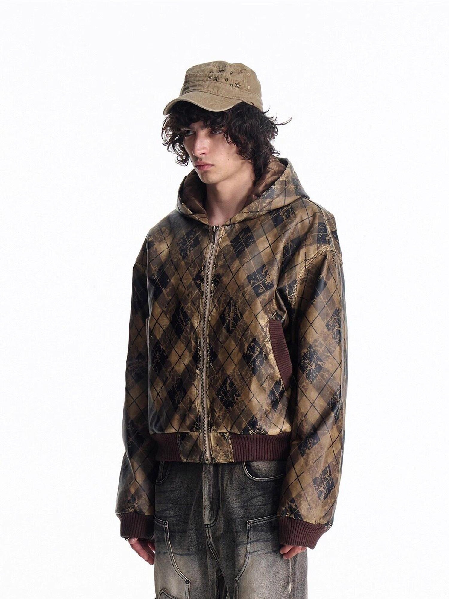 EMOBROTHER Wrinkle Resistant Windproof Hooded Loose Vintage Plaid Unisex Puffer Jackets