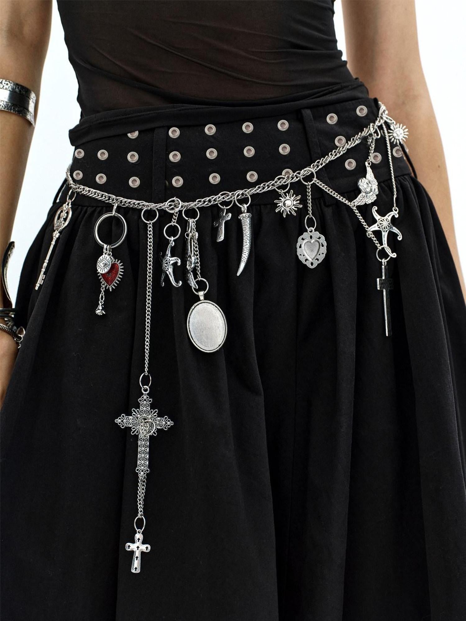 ENDO PER SE Antique Silver Punk Heavy Pendant Cross Chain Women's Alloy Waist Chains