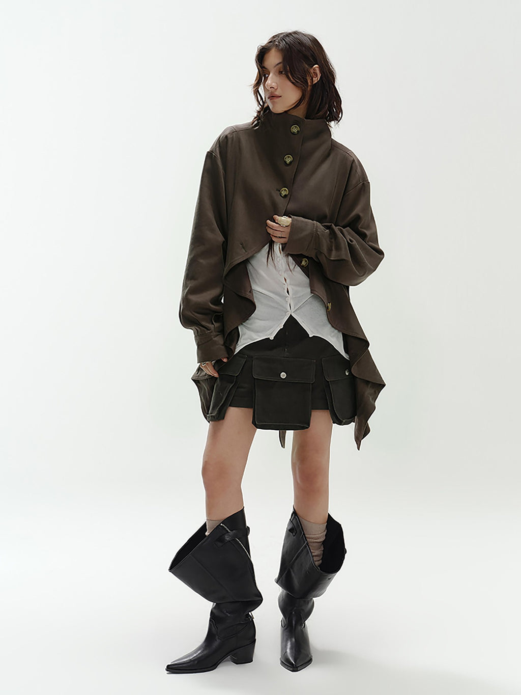 ENDO PER SE Asymmetric Wavy Hem Utility Style Long Sleeve Loose Fit Cotton Women's Trench Coats