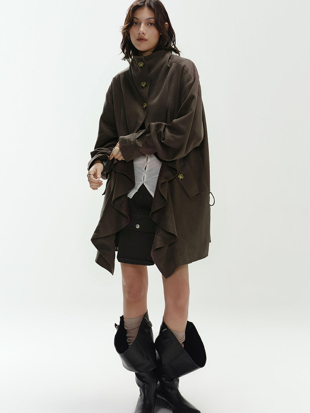 ENDO PER SE Asymmetric Wavy Hem Utility Style Long Sleeve Loose Fit Cotton Women's Trench Coats