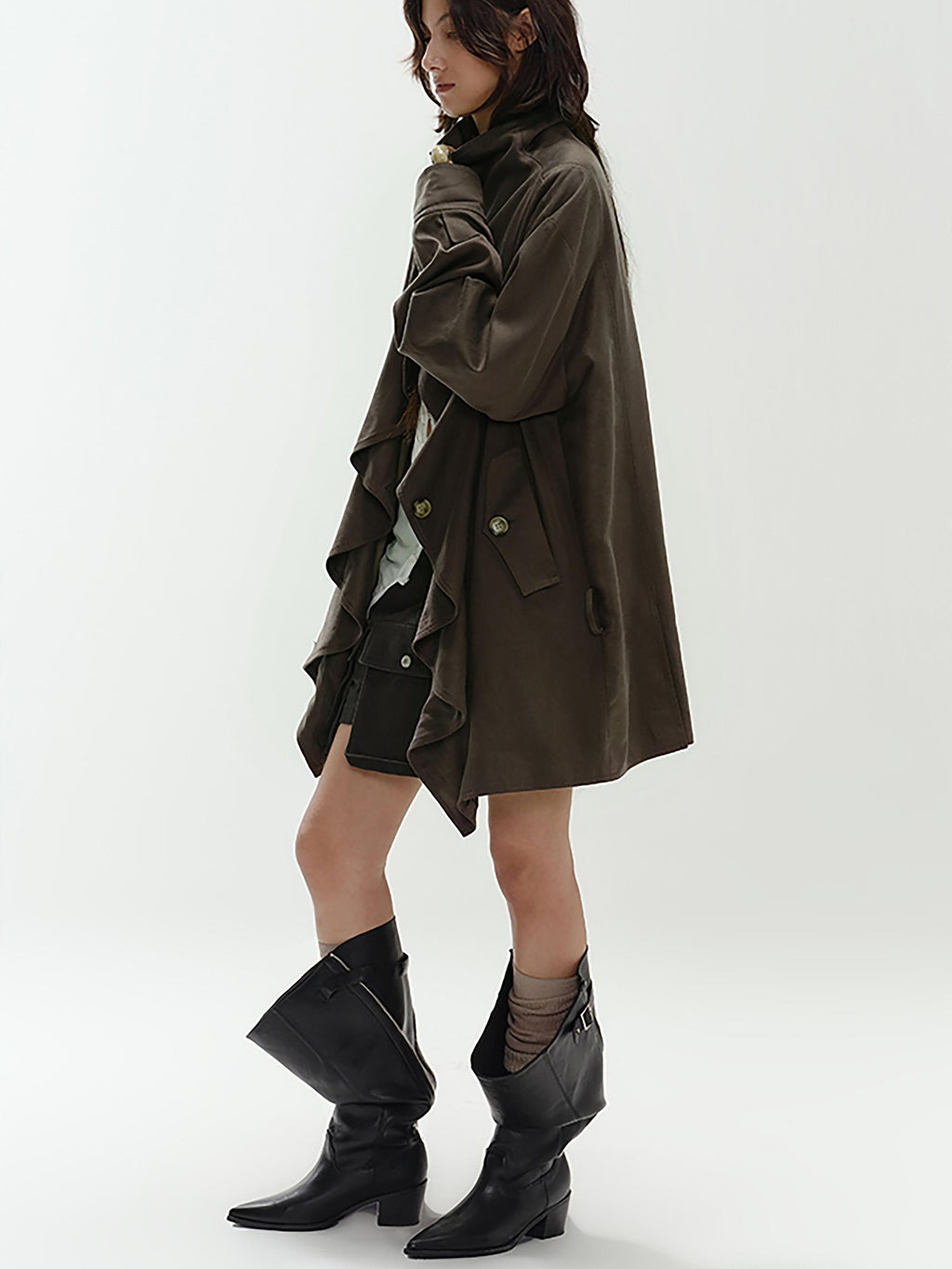 ENDO PER SE Asymmetric Wavy Hem Utility Style Long Sleeve Loose Fit Cotton Women's Trench Coats