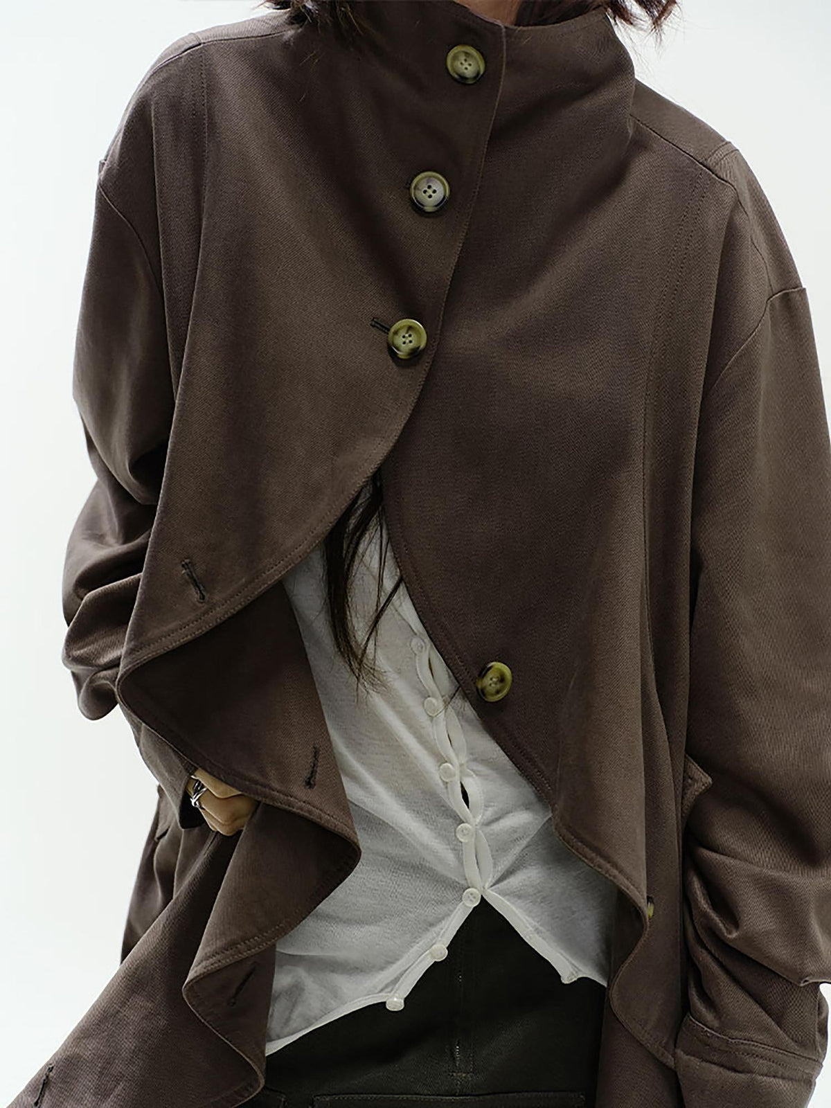ENDO PER SE Asymmetric Wavy Hem Utility Style Long Sleeve Loose Fit Cotton Women's Trench Coats