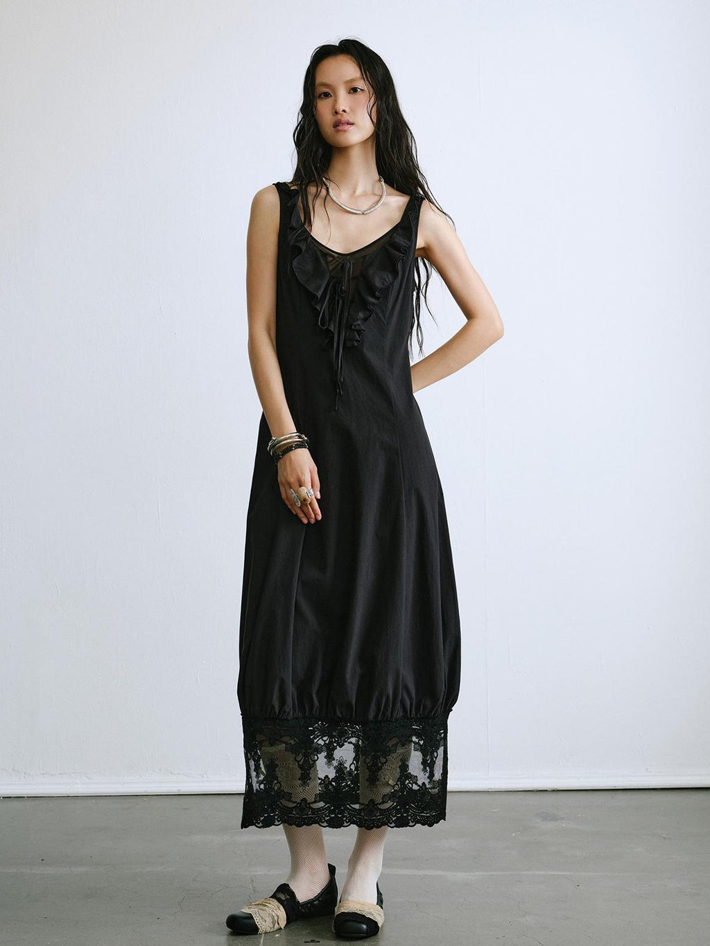 ENDO PER SE Ballet Ruffle Hollow Out Sleeveless Women's Cotton Casual Maxi Dresses