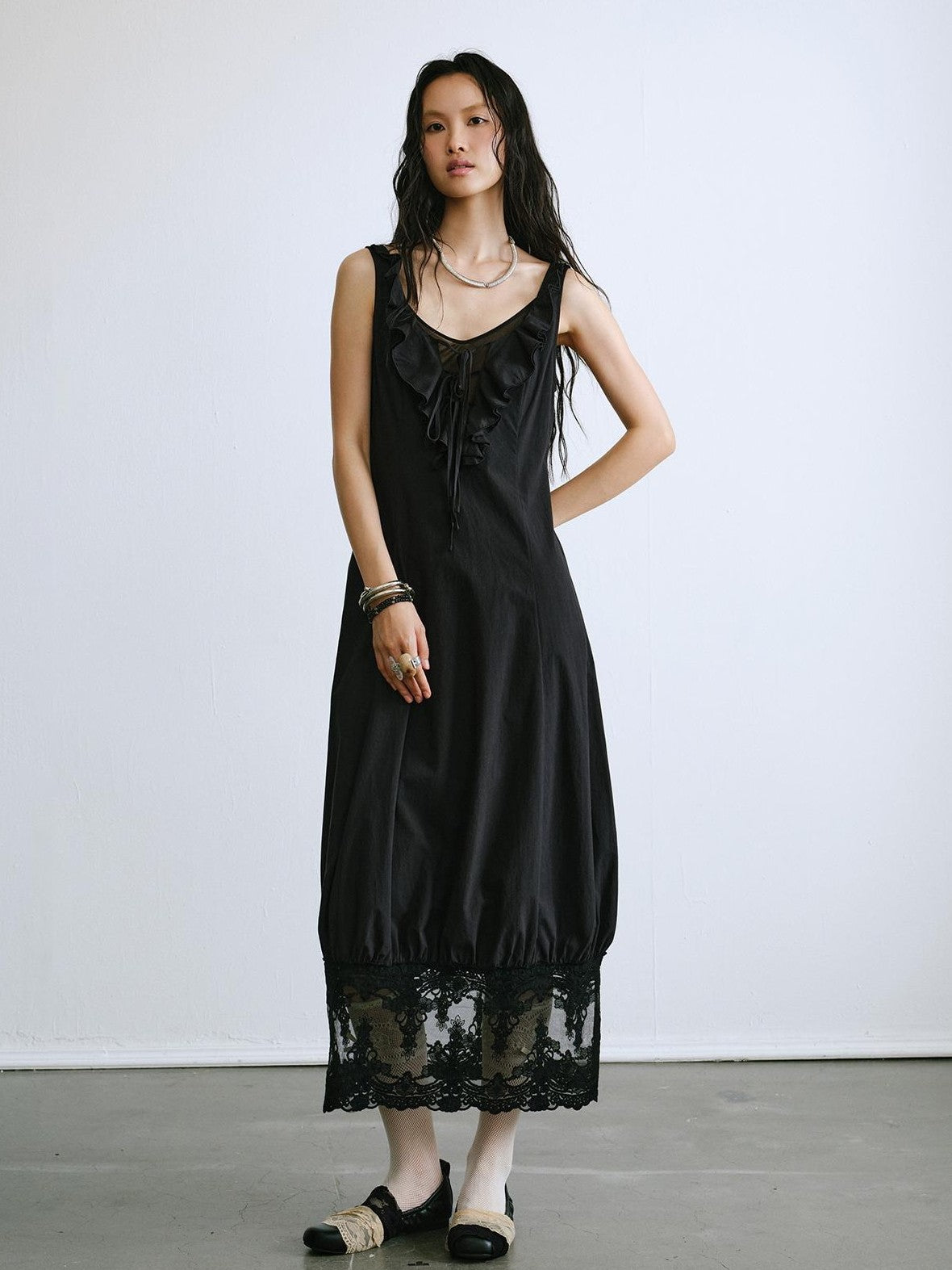 ENDO PER SE Ballet Ruffle Hollow Out Sleeveless Women's Cotton Casual Maxi Dresses