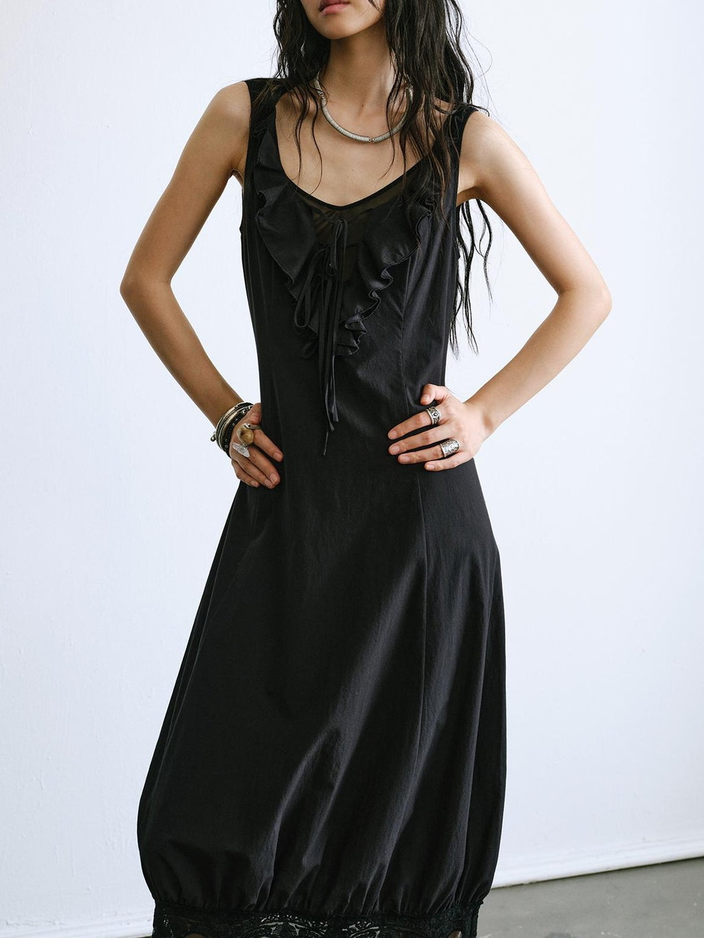 ENDO PER SE Ballet Ruffle Hollow Out Sleeveless Women's Cotton Casual Maxi Dresses