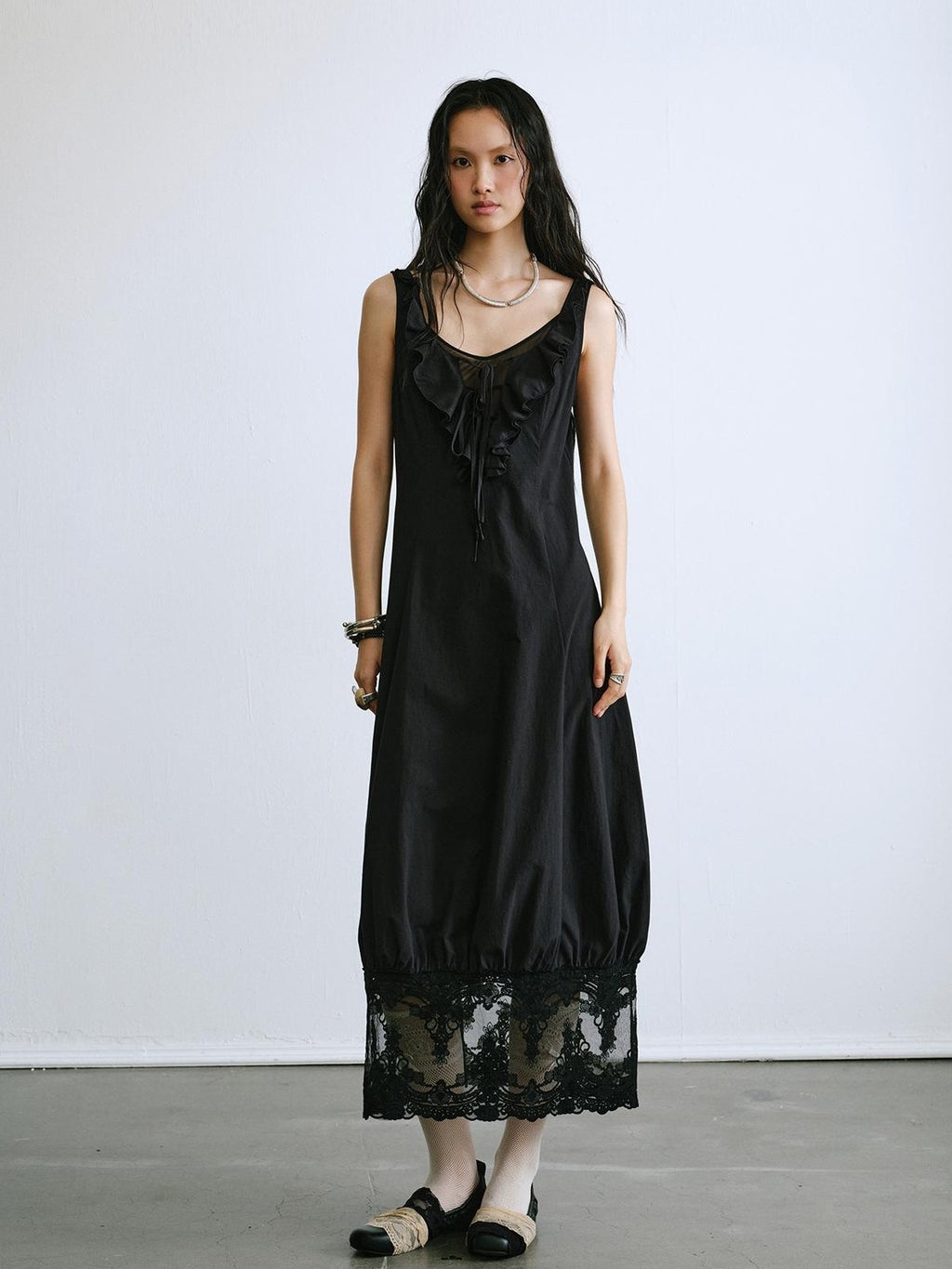 ENDO PER SE Ballet Ruffle Hollow Out Sleeveless Women's Cotton Casual Maxi Dresses