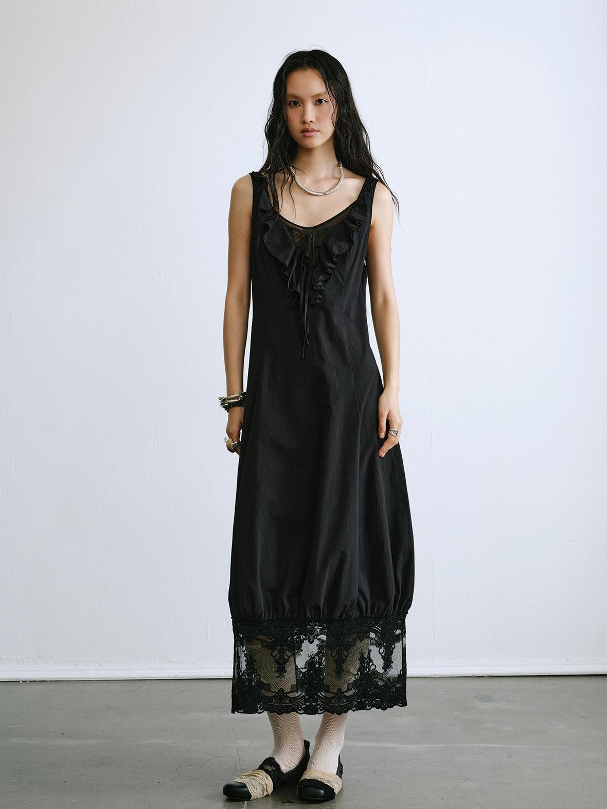 ENDO PER SE Ballet Ruffle Hollow Out Sleeveless Women's Cotton Casual Maxi Dresses