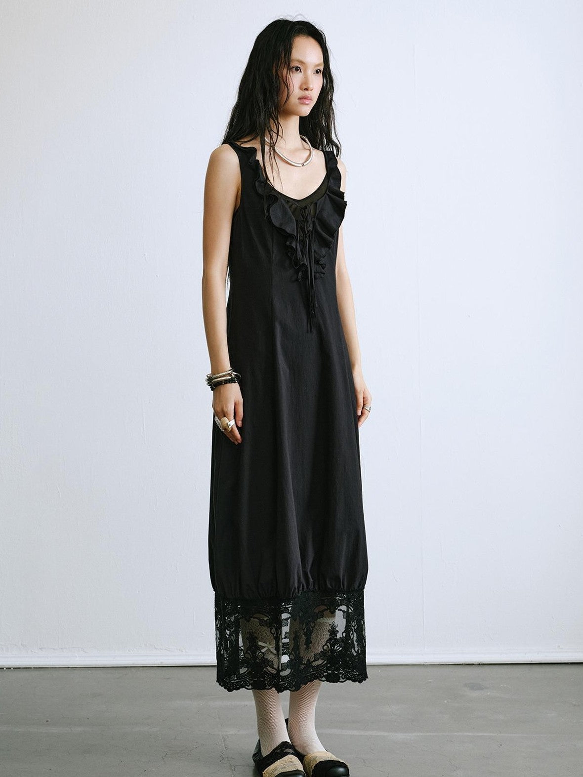 ENDO PER SE Ballet Ruffle Hollow Out Sleeveless Women's Cotton Casual Maxi Dresses