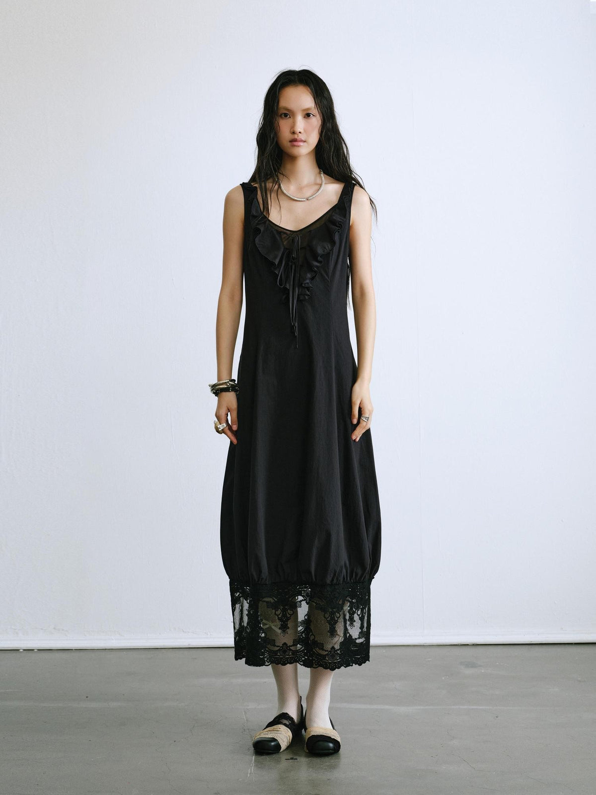ENDO PER SE Ballet Ruffle Hollow Out Sleeveless Women's Cotton Casual Maxi Dresses