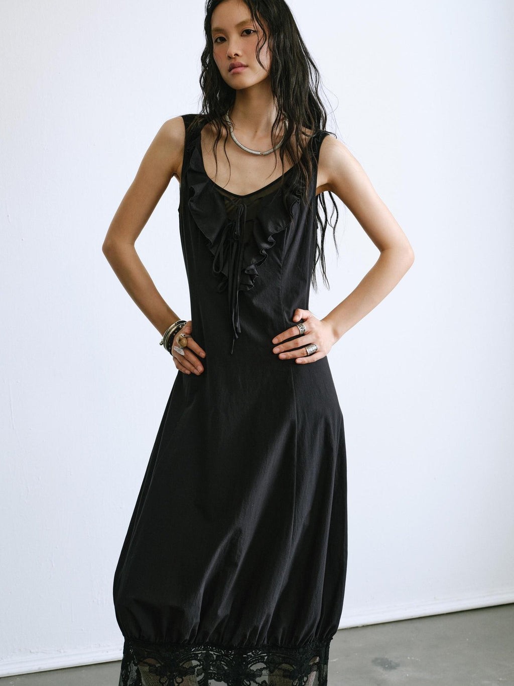 ENDO PER SE Ballet Ruffle Hollow Out Sleeveless Women's Cotton Casual Maxi Dresses