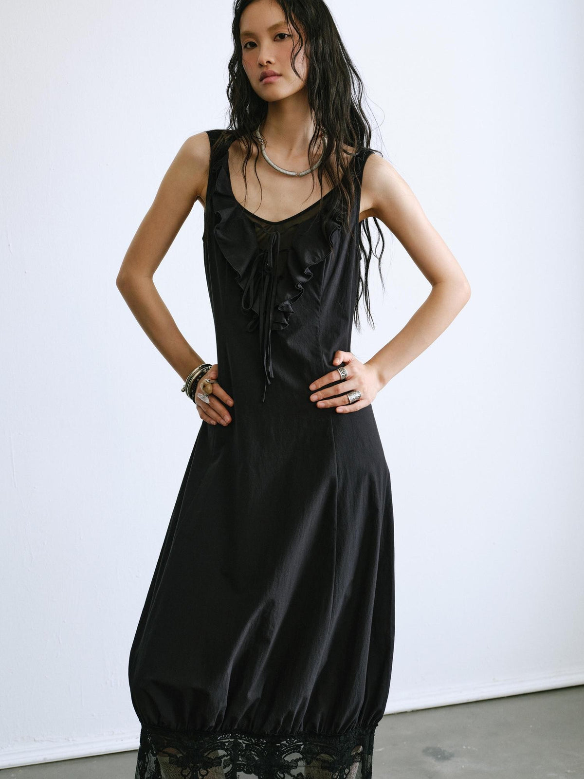 ENDO PER SE Ballet Ruffle Hollow Out Sleeveless Women's Cotton Casual Maxi Dresses
