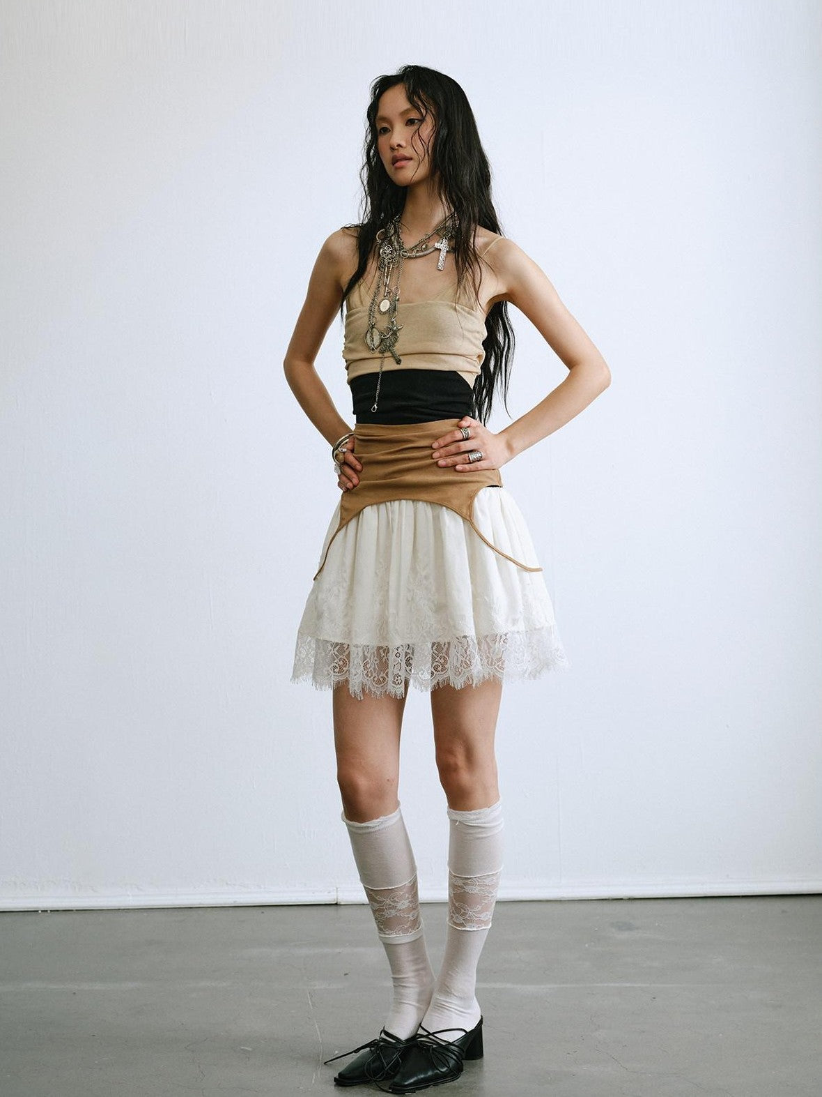 ENDO PER SE Balletcore Spliced Colorblock High Waist A Line Women's Casual Midi Dresses