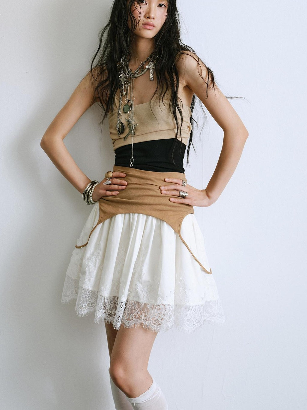ENDO PER SE Balletcore Spliced Colorblock High Waist A Line Women's Casual Midi Dresses