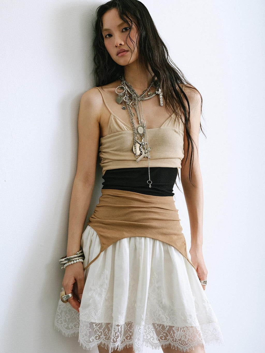 ENDO PER SE Balletcore Spliced Colorblock High Waist A Line Women's Casual Midi Dresses