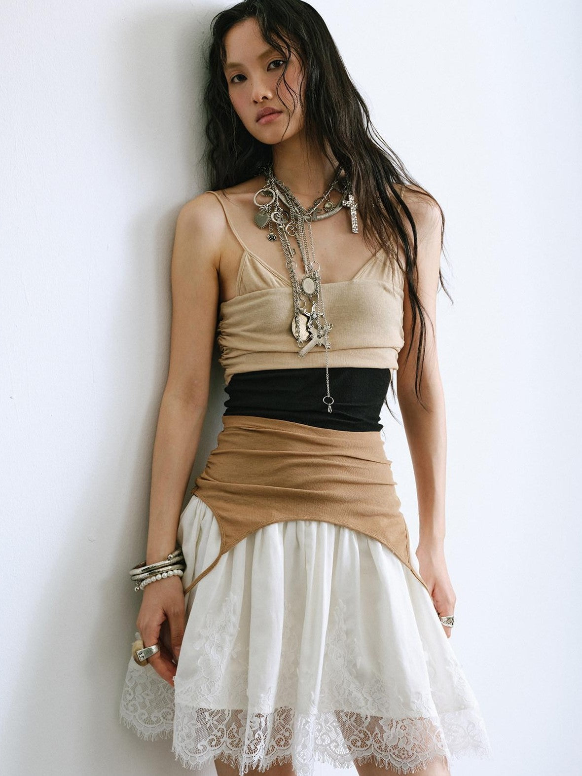 ENDO PER SE Balletcore Spliced Colorblock High Waist A Line Women's Casual Midi Dresses