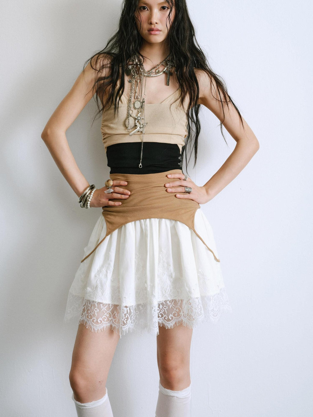 ENDO PER SE Balletcore Spliced Colorblock High Waist A Line Women's Casual Midi Dresses