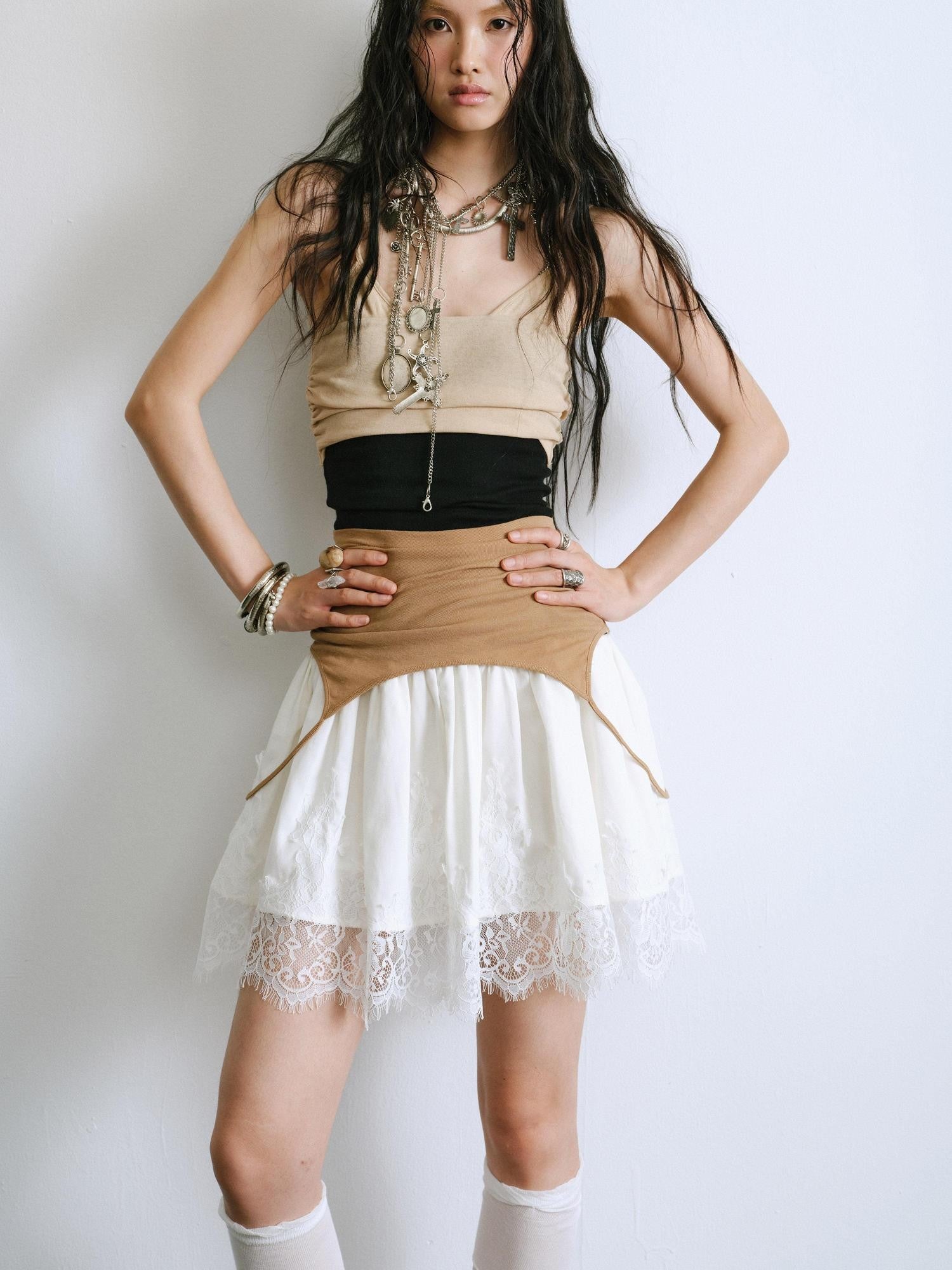 ENDO PER SE Balletcore Spliced Colorblock High Waist A Line Women's Casual Midi Dresses