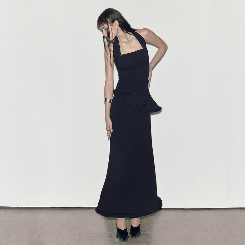 ENDO_PER_SE_Black_Asymmetrical_Herringbone_Knit_Women's_Cotton_Stretch_Halter_Maxi_Dresses_722832626788_MISSTT