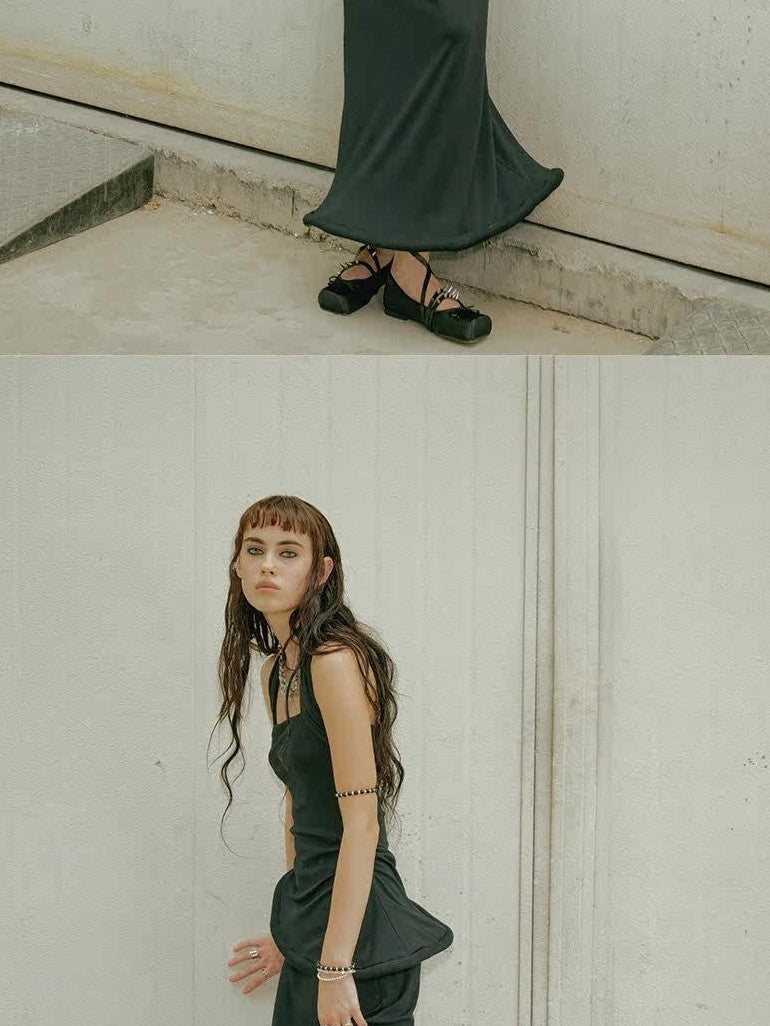 ENDO PER SE Black Asymmetrical Herringbone Knit Women's Cotton Stretch Halter Maxi Dresses