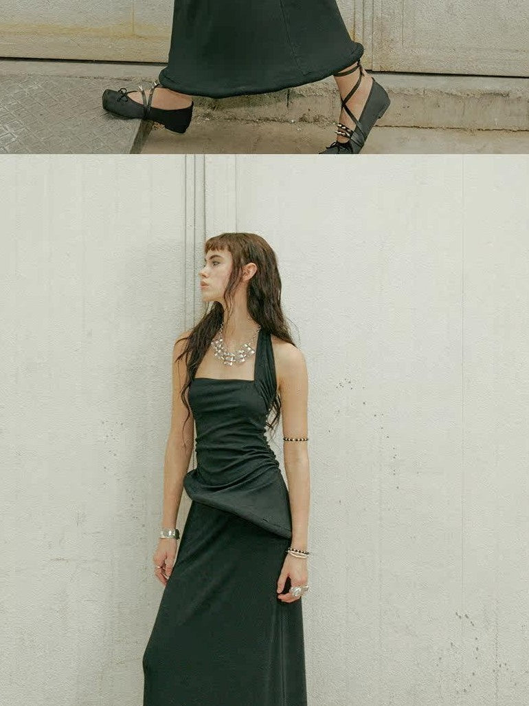 ENDO PER SE Black Asymmetrical Herringbone Knit Women's Cotton Stretch Halter Maxi Dresses