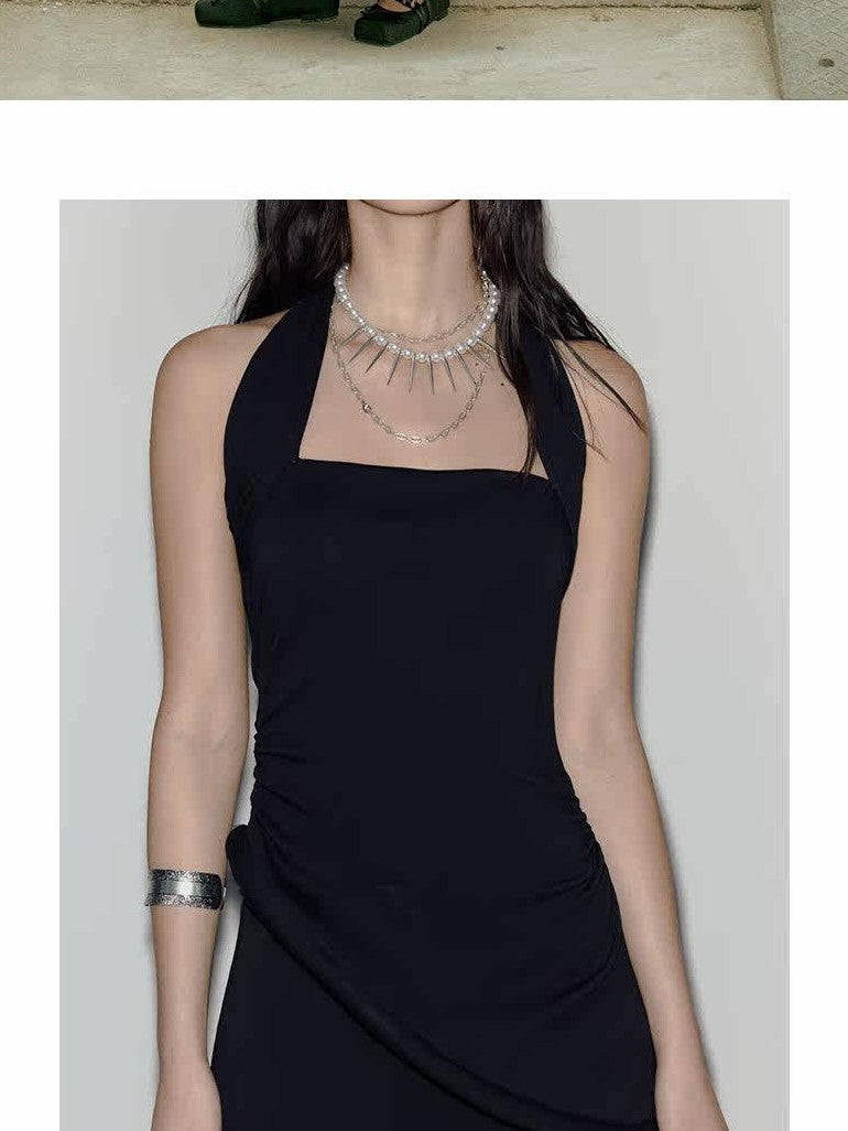 ENDO PER SE Black Asymmetrical Herringbone Knit Women's Cotton Stretch Halter Maxi Dresses