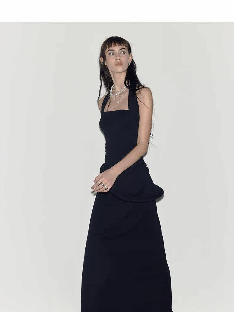 ENDO PER SE Black Asymmetrical Herringbone Knit Women's Cotton Stretch Halter Maxi Dresses