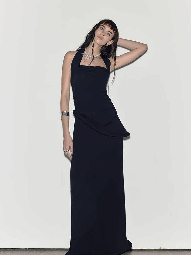 ENDO PER SE Black Asymmetrical Herringbone Knit Women's Cotton Stretch Halter Maxi Dresses