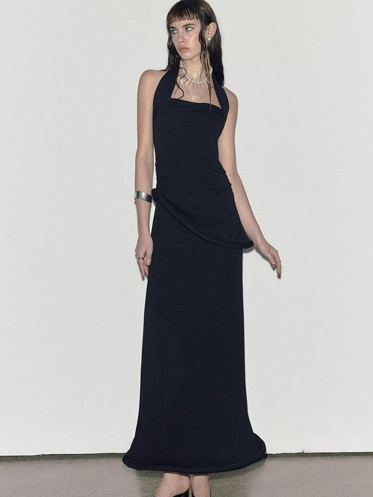 ENDO PER SE Black Asymmetrical Herringbone Knit Women's Cotton Stretch Halter Maxi Dresses