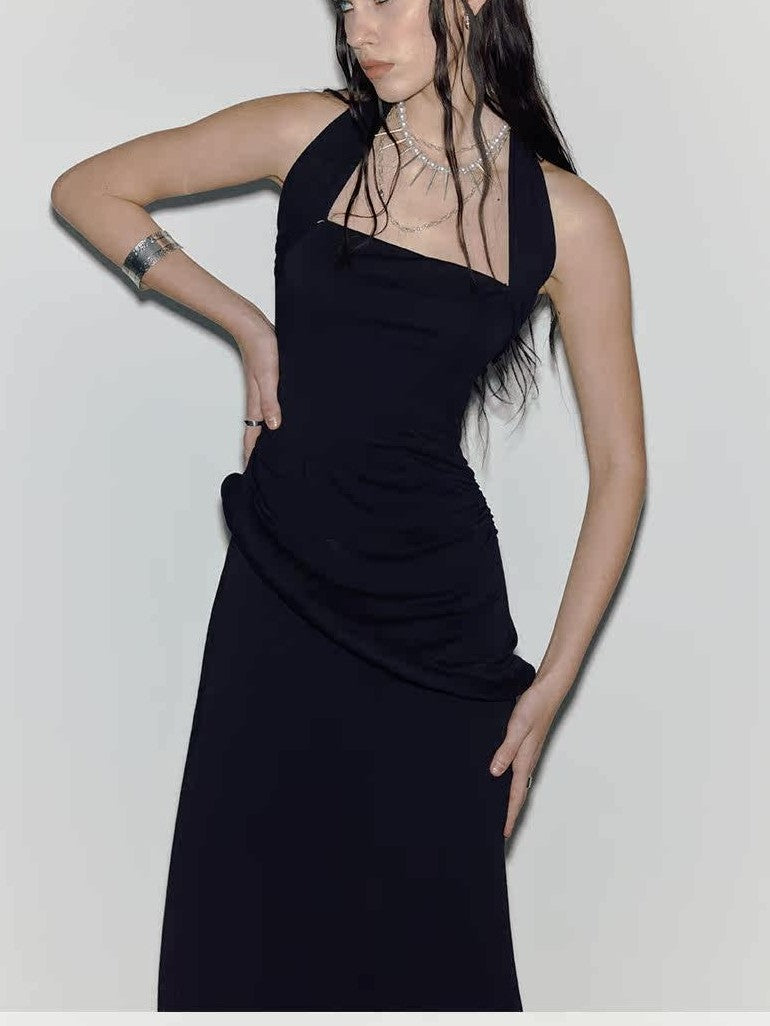 ENDO PER SE Black Asymmetrical Herringbone Knit Women's Cotton Stretch Halter Maxi Dresses