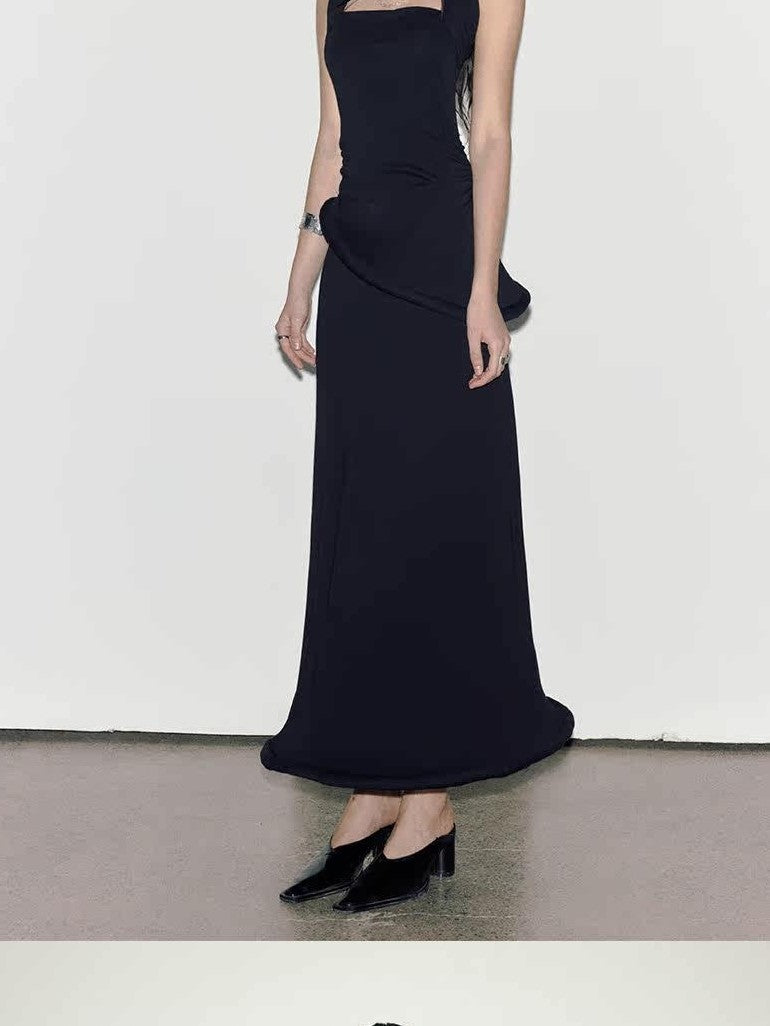 ENDO PER SE Black Asymmetrical Herringbone Knit Women's Cotton Stretch Halter Maxi Dresses
