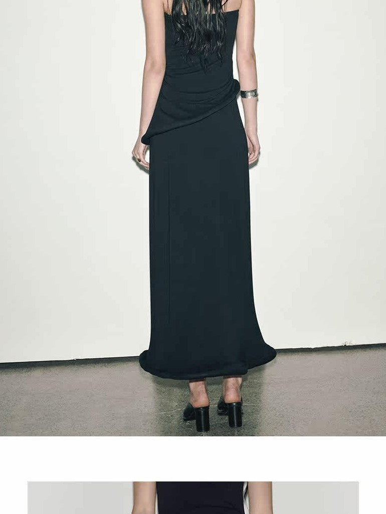 ENDO PER SE Black Asymmetrical Herringbone Knit Women's Cotton Stretch Halter Maxi Dresses