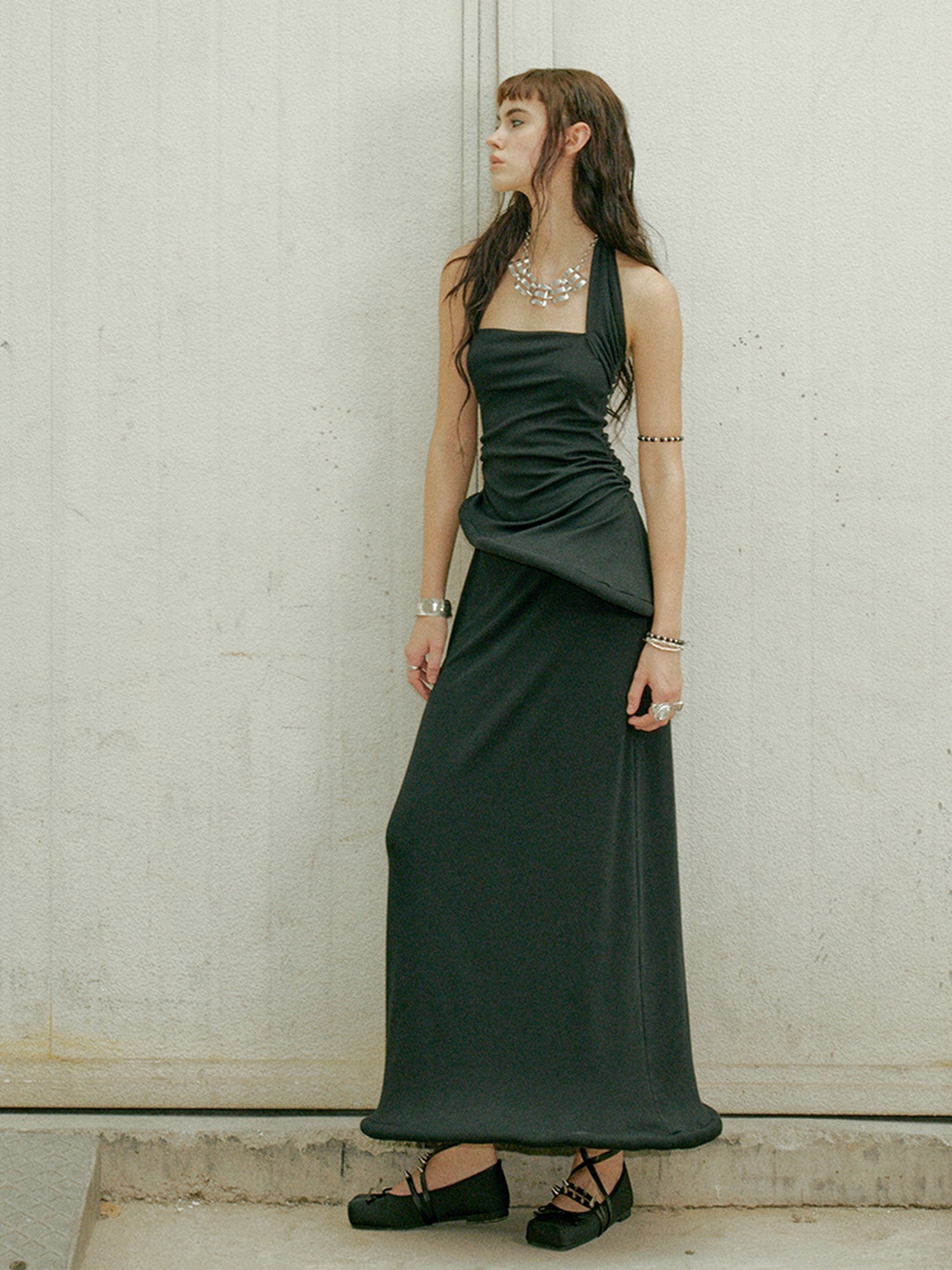ENDO PER SE Black Asymmetrical Herringbone Knit Women's Cotton Stretch Halter Maxi Dresses