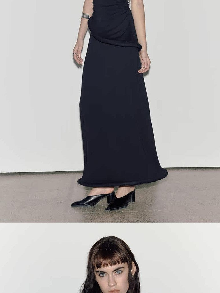 ENDO PER SE Black Asymmetrical Herringbone Knit Women's Cotton Stretch Halter Maxi Dresses