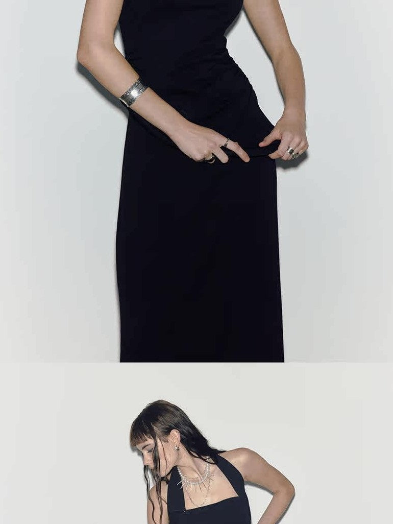 ENDO PER SE Black Asymmetrical Herringbone Knit Women's Cotton Stretch Halter Maxi Dresses