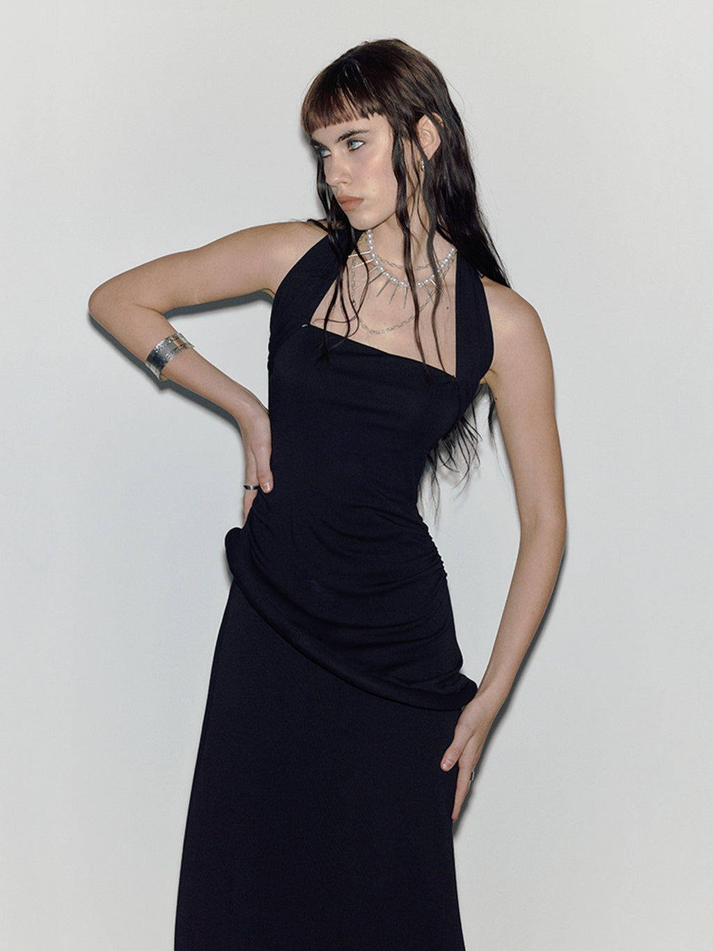 ENDO PER SE Black Asymmetrical Herringbone Knit Women's Cotton Stretch Halter Maxi Dresses