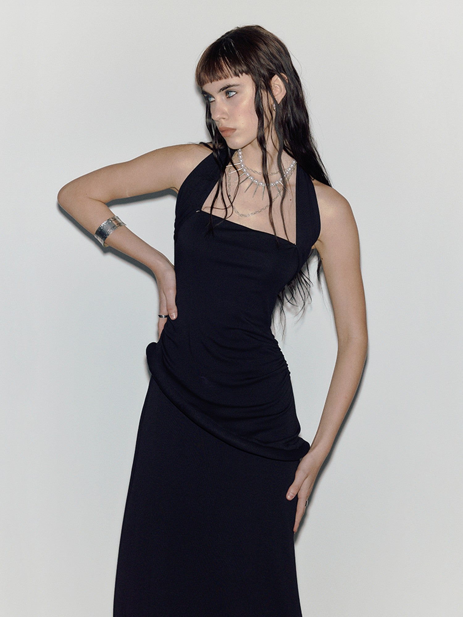 ENDO PER SE Black Asymmetrical Herringbone Knit Women's Cotton Stretch Halter Maxi Dresses