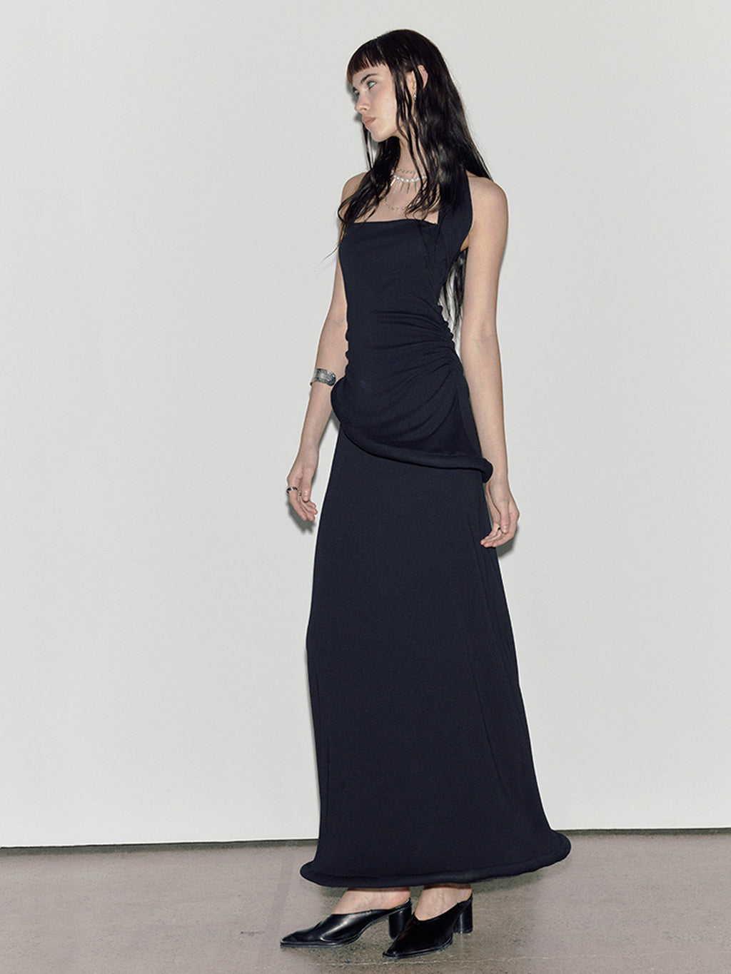 ENDO PER SE Black Asymmetrical Herringbone Knit Women's Cotton Stretch Halter Maxi Dresses