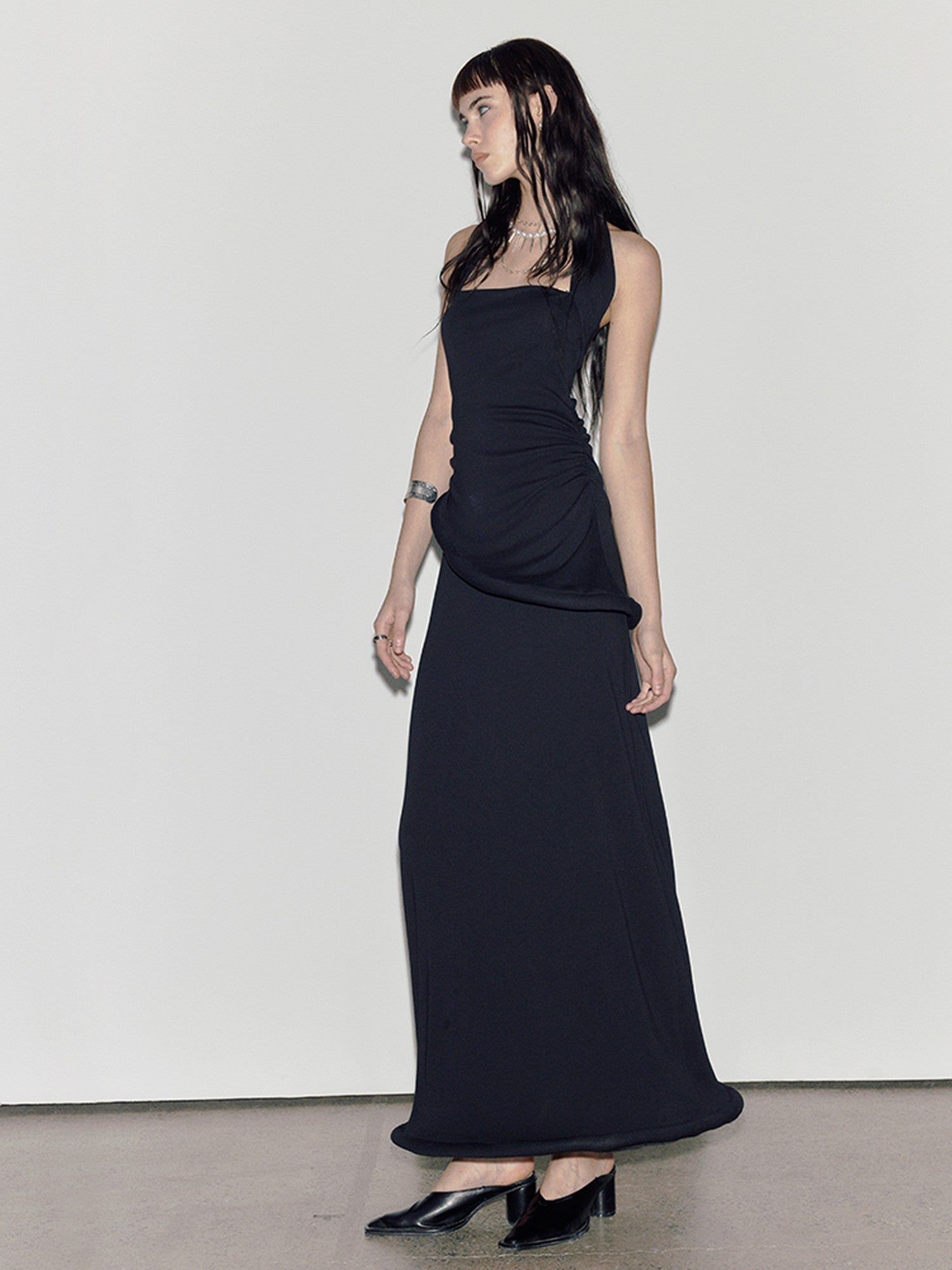 ENDO PER SE Black Asymmetrical Herringbone Knit Women's Cotton Stretch Halter Maxi Dresses