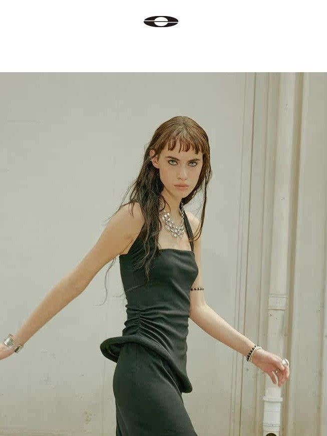 ENDO PER SE Black Asymmetrical Herringbone Knit Women's Cotton Stretch Halter Maxi Dresses