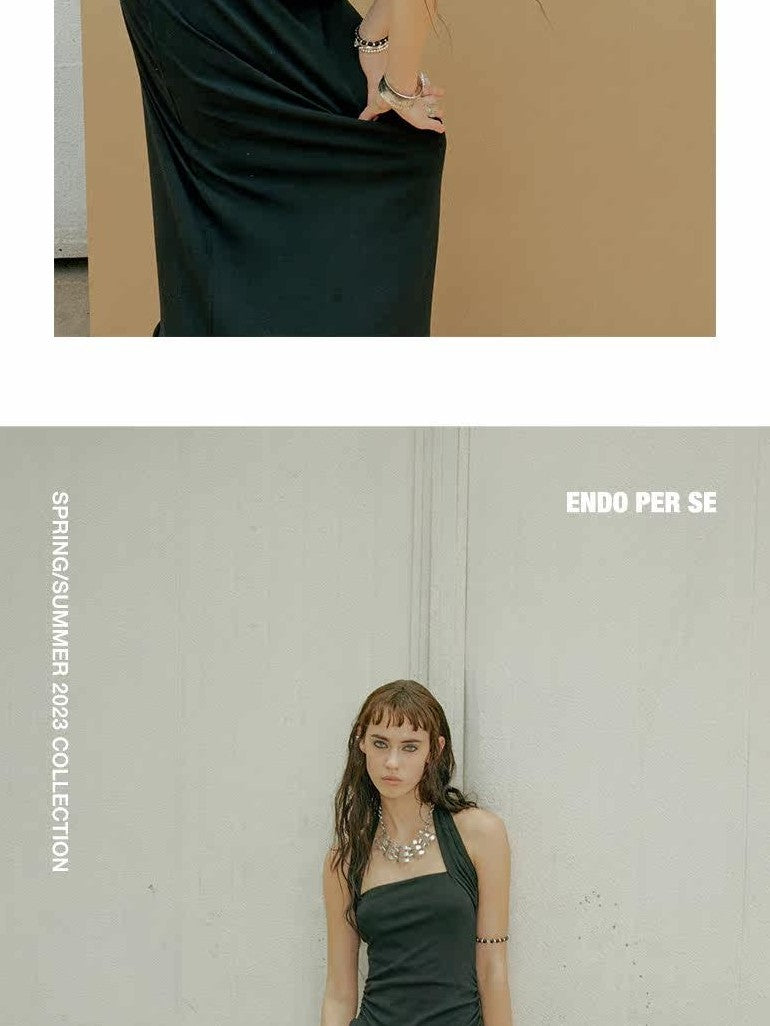 ENDO PER SE Black Asymmetrical Herringbone Knit Women's Cotton Stretch Halter Maxi Dresses