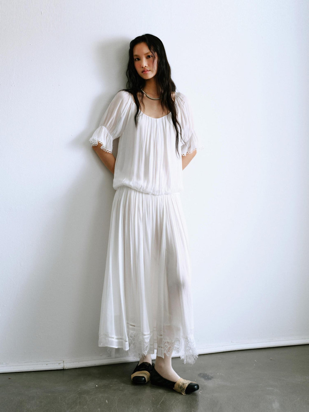 ENDO PER SE Bohemian Lace Cinched Waist Puff Sleeves Women's Casual Maxi Dresses