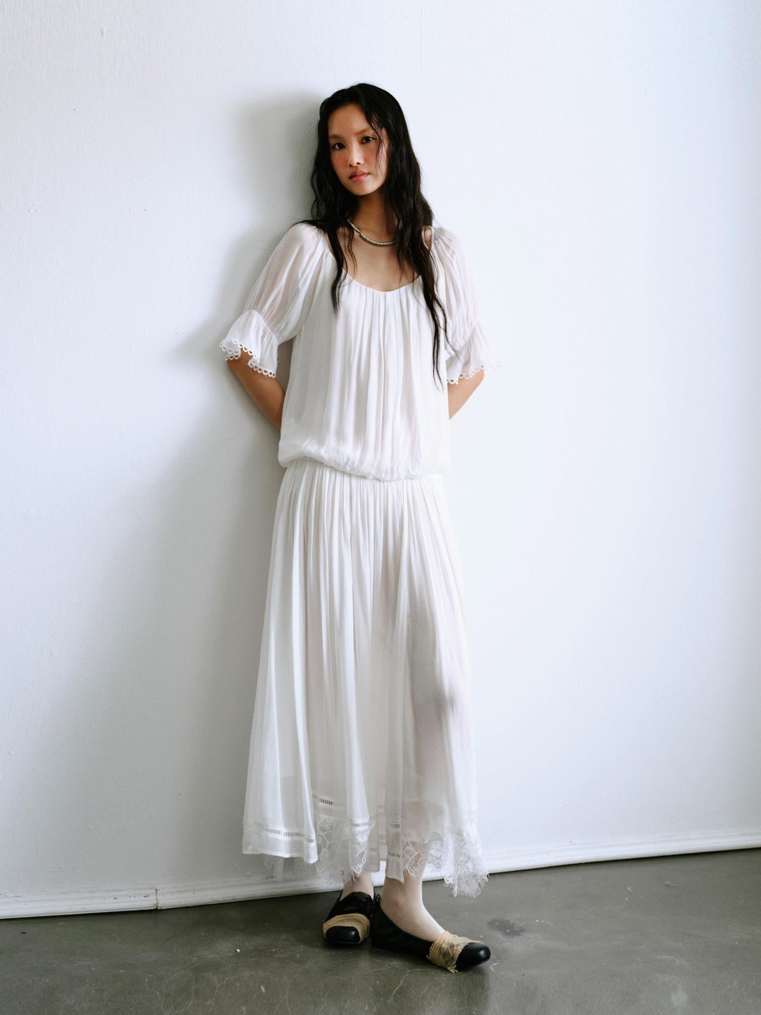 ENDO PER SE Bohemian Lace Cinched Waist Puff Sleeves Women's Casual Maxi Dresses